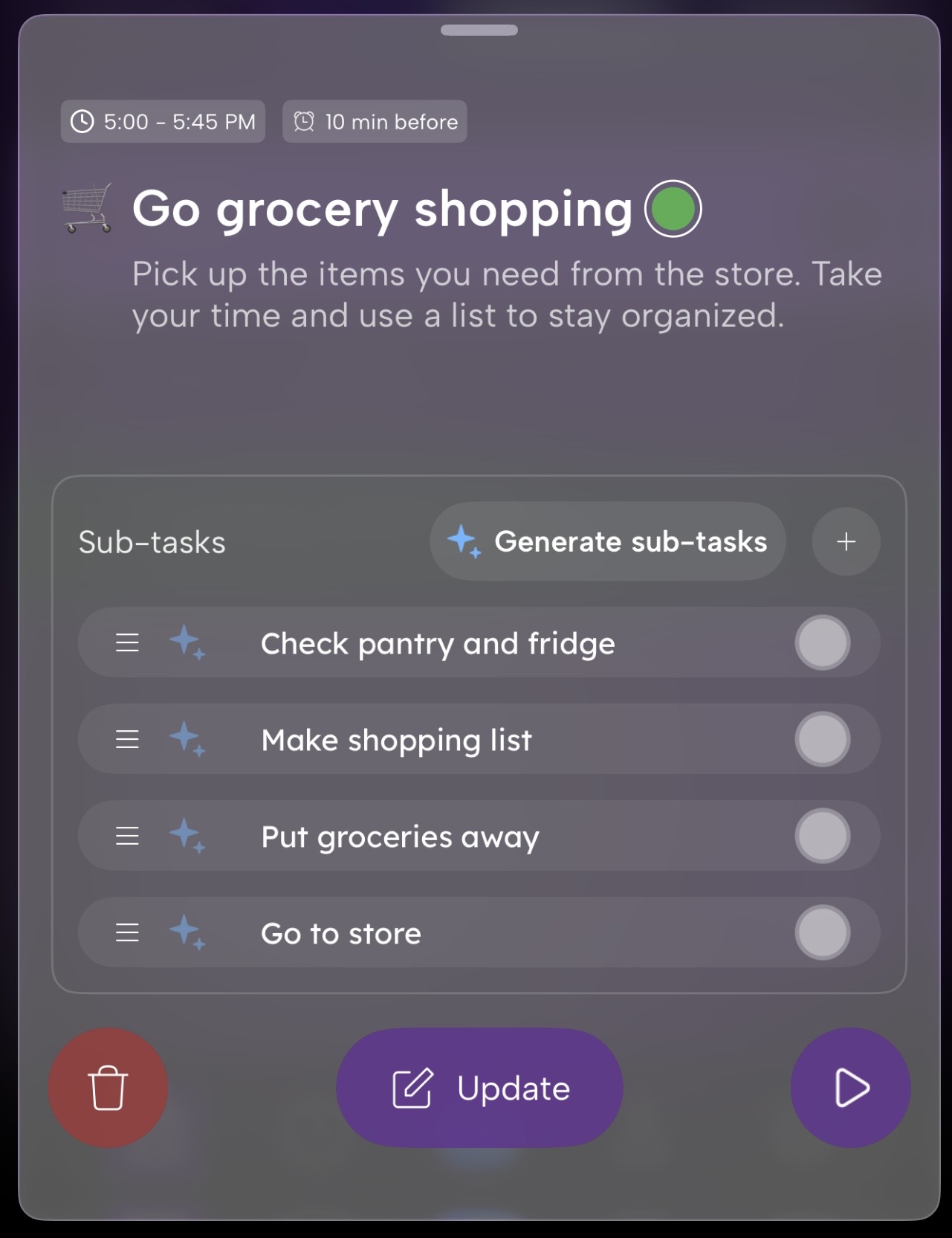 Task detail for 'Go grocery shopping' with AI-generated sub-tasks and a Generate sub-tasks button