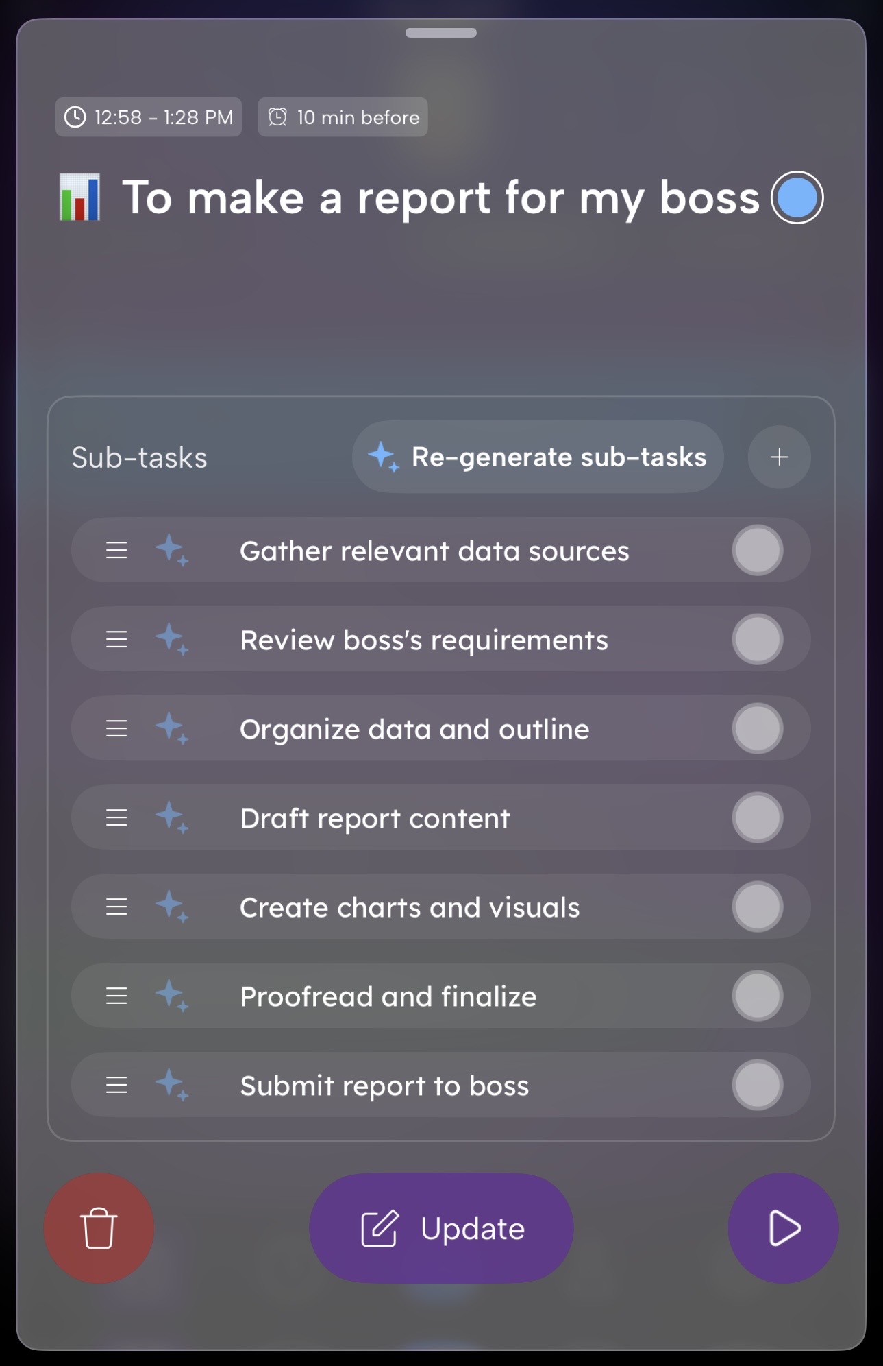 Task detail for 'Make a report for my boss' with AI-generated sub-tasks and a Re-generate sub-tasks button