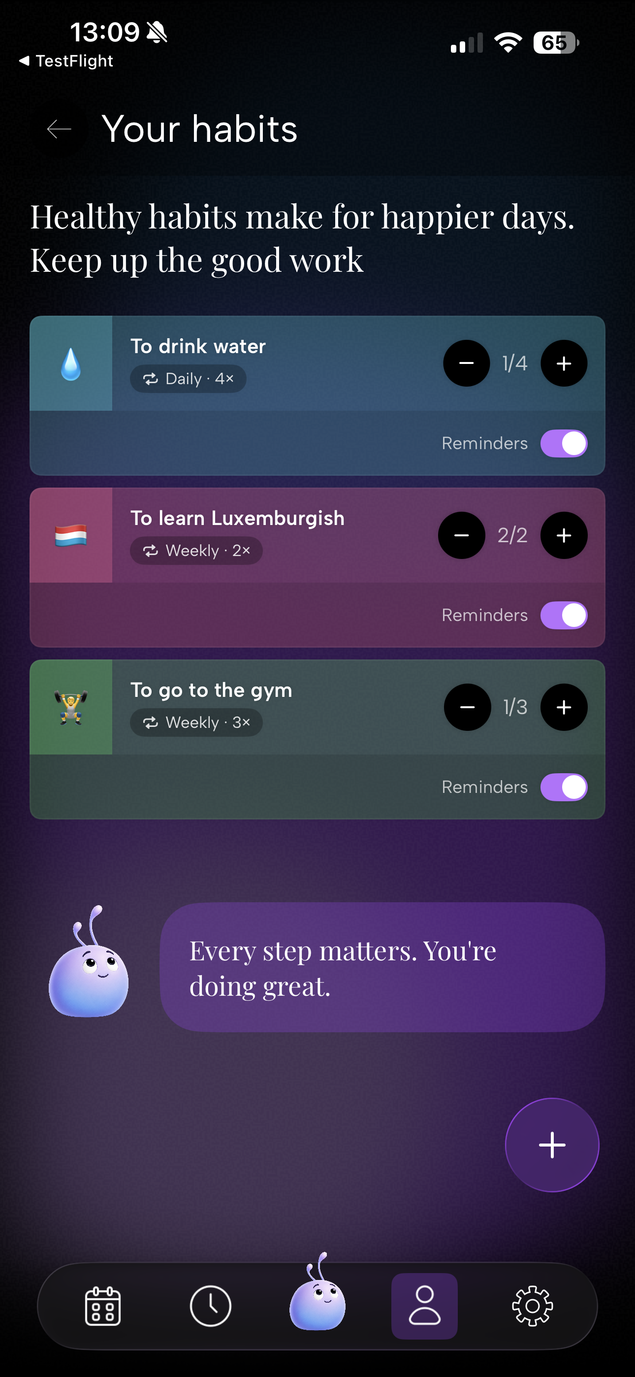 Habits screen showing daily and weekly habit progress
