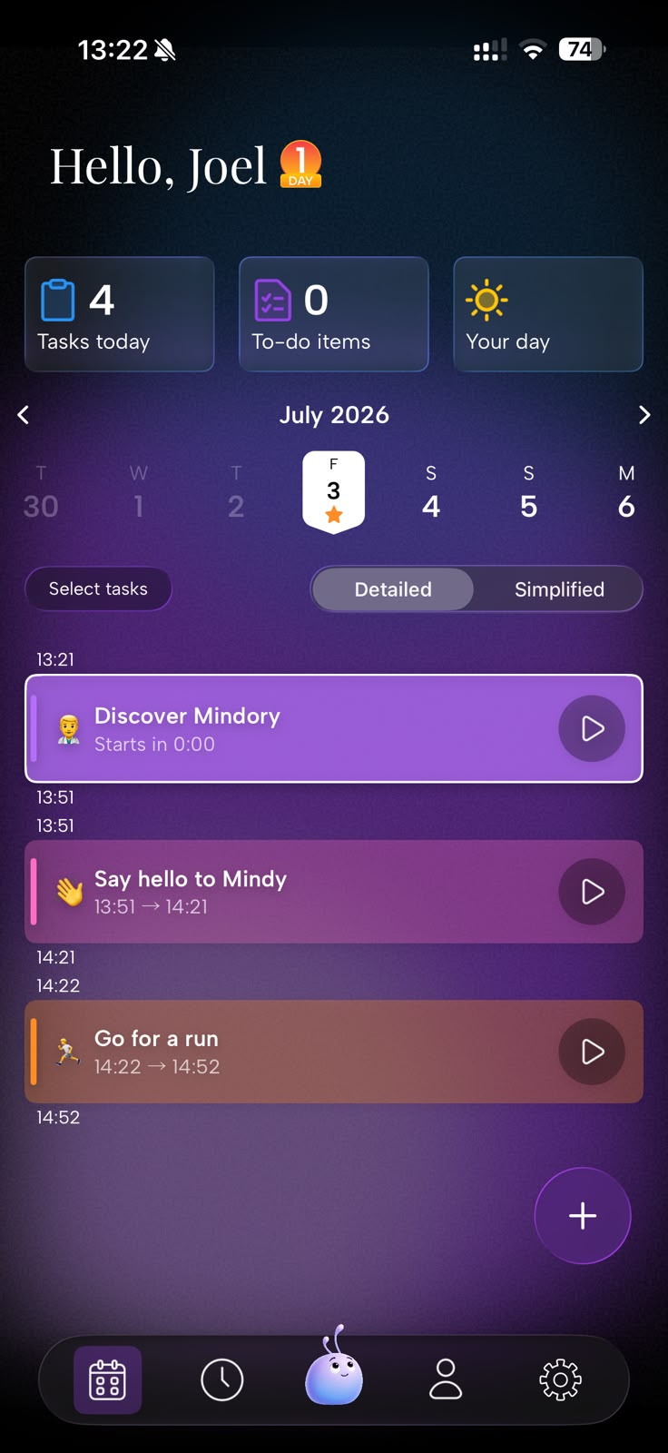 Mindory app home screen with daily greeting, task summary, calendar and timeline