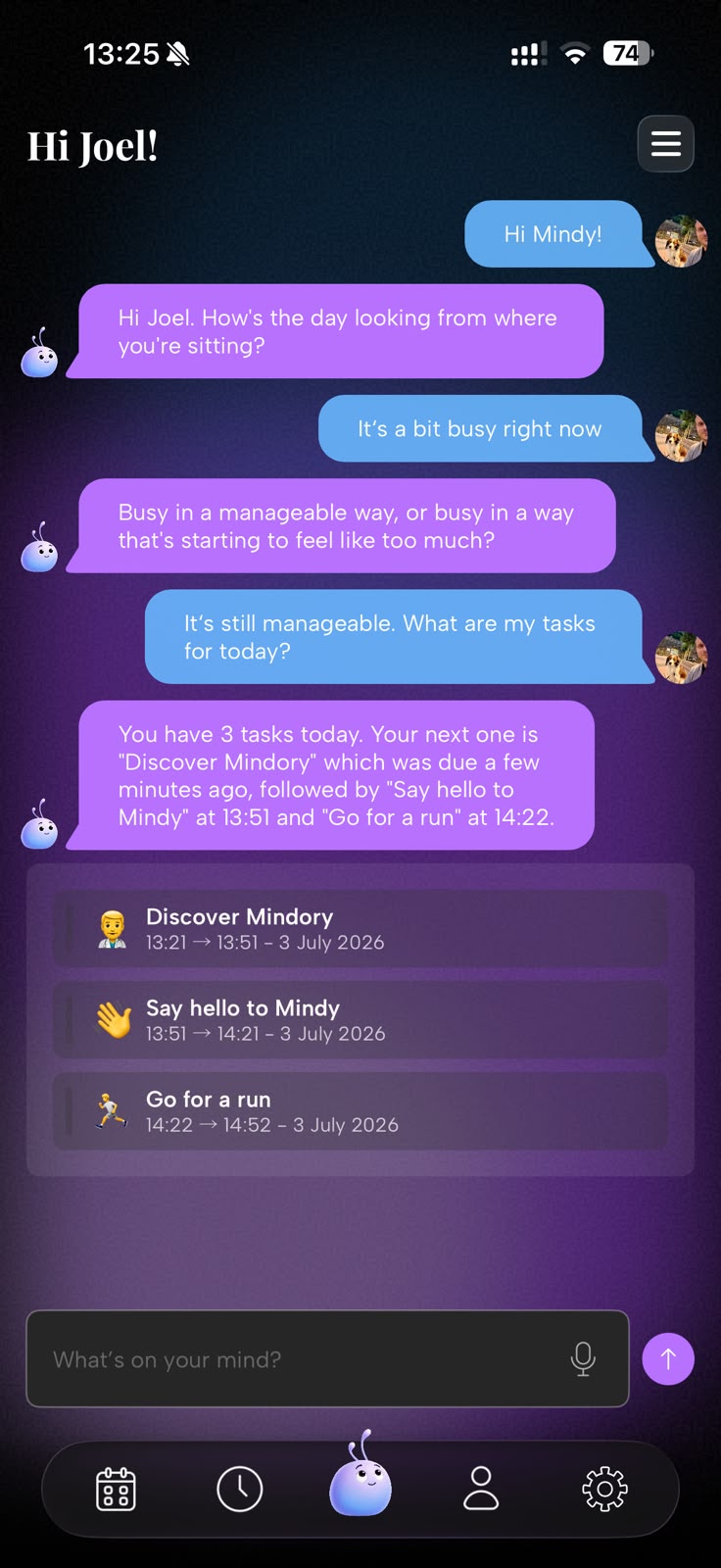 Mindy chat conversation showing a daily check-in and today's tasks