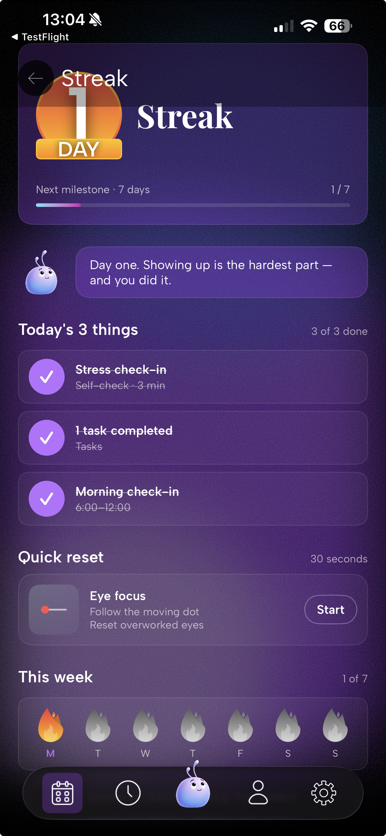 Streak tab showing a 1-day streak and Today's 3 things completed