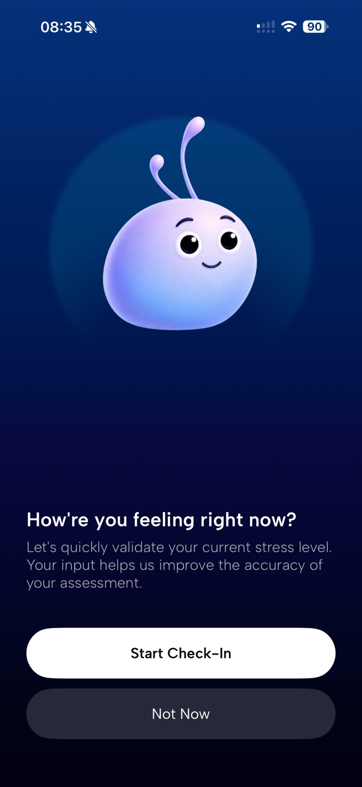 Stress check-in intro screen: How're you feeling right now? with Start Check-In button