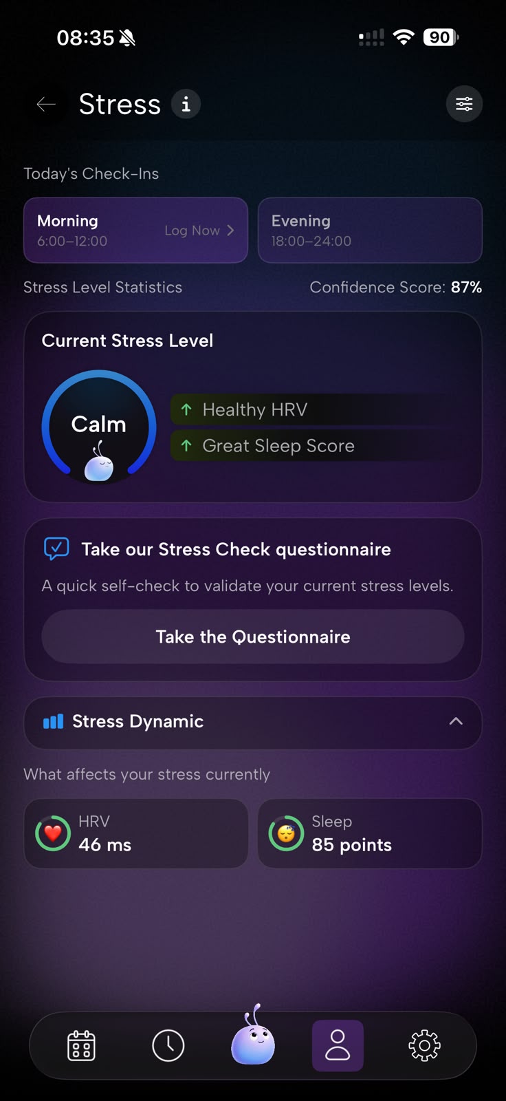Stress tab showing current stress level gauge and stress dynamic factors